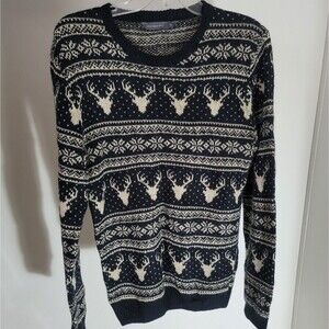 Cedar Wood State Men’s Sweater Size M Navy Blue Fair Isle Reindeer Knit Crewneck